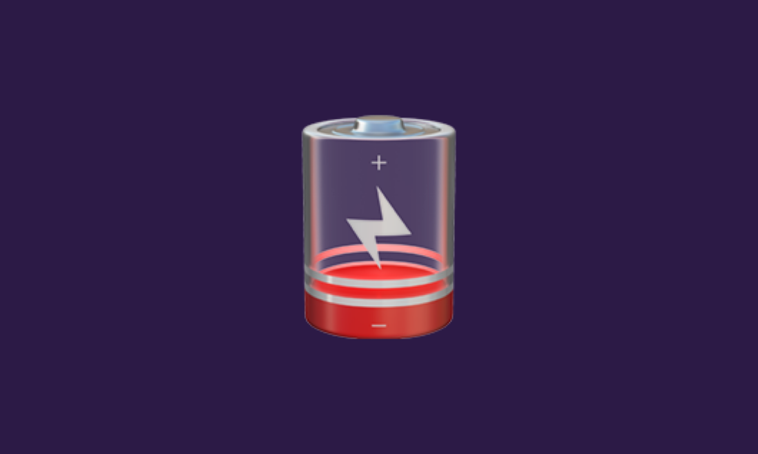 Purple graphic featuring the emoji of a battery that's almost out of power.