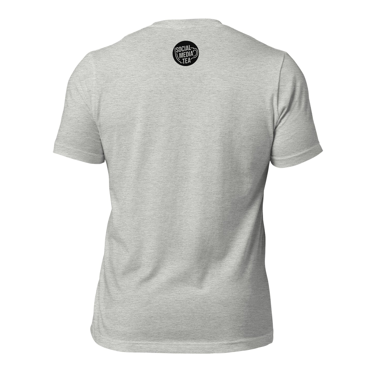 Back of a heather grey t-shirt with the Social Media Tea logo at the nape of the neck.