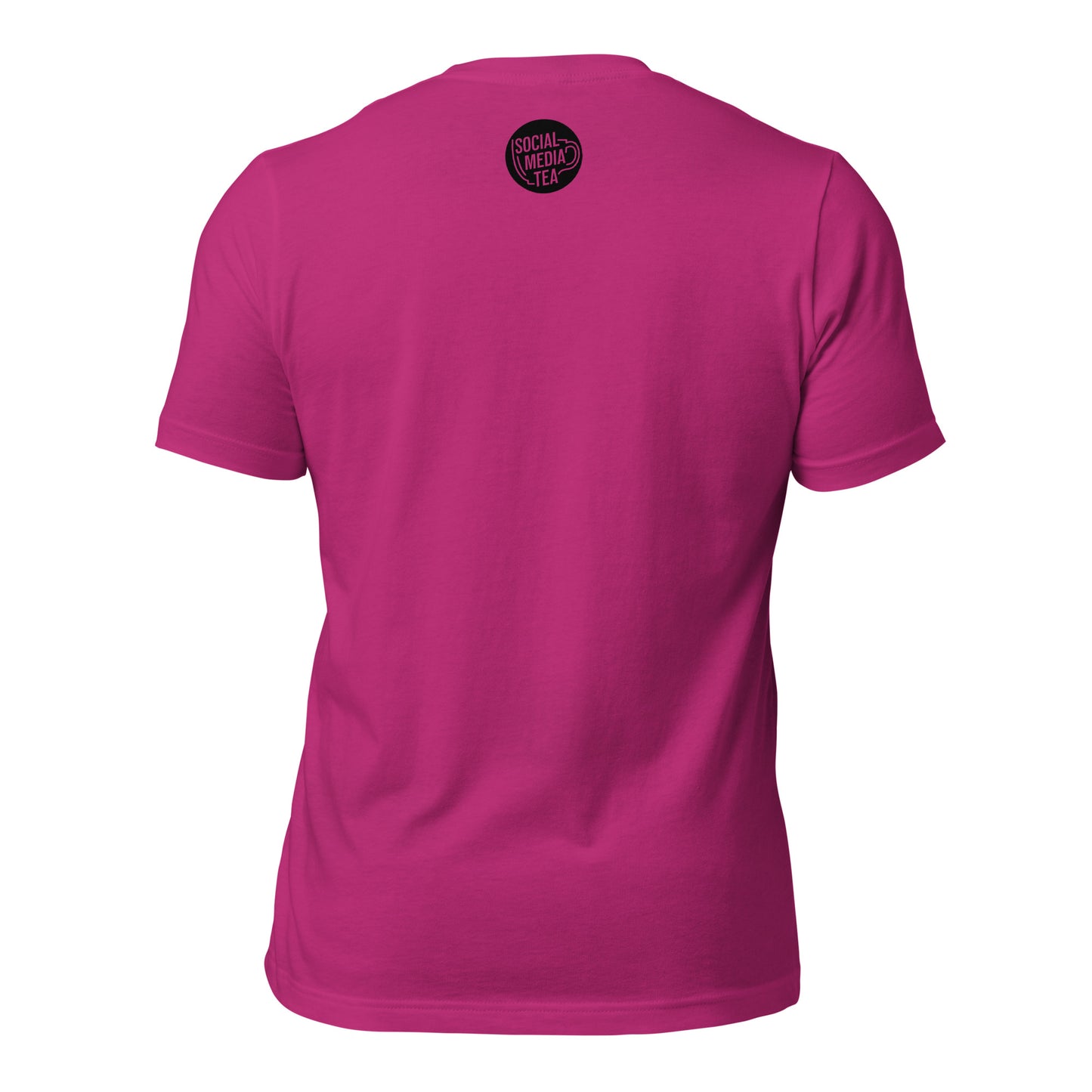 Back of a hot pink shirt with the Social Media Tea logo at the nape of the neck.