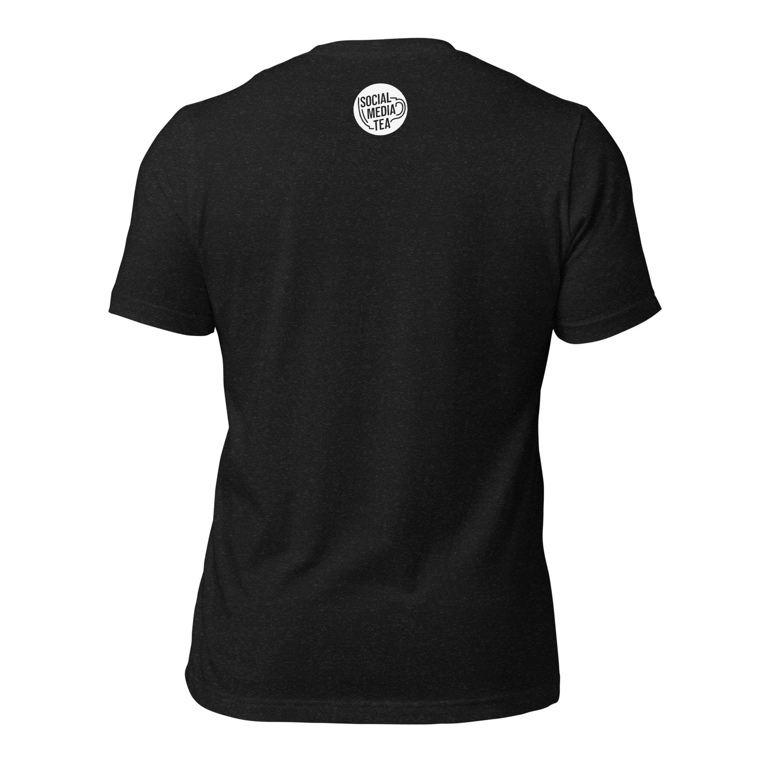 Back of a heather black t-shirt with the Social Media Tea logo at the nape of the neck.